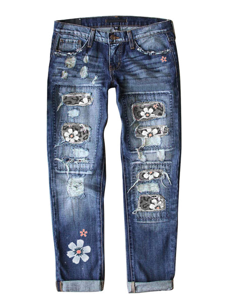 3D image of grey floral-print patch ripped rolled hem denim boyfriend jeans