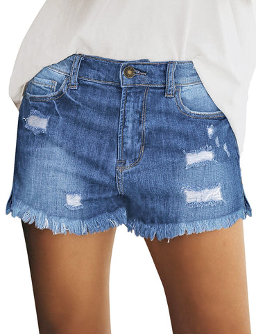 Women Summer High Waisted Sewn Cuffed Hem Buttons Denim Jean Shorts