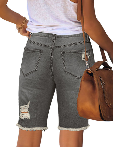 Back view of light grey frayed hem ripped denim bermuda shorts