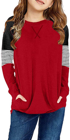 Little Girls' Red Color Block Raglan Sleeves Stripe Pullover Top