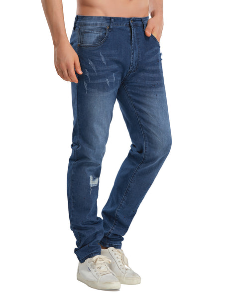 Men's dark blue casual ripped skinny jeans