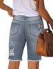 Back view of grey frayed hem ripped denim bermuda shorts