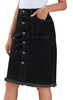 Side view of model wearing black frayed hem button-down midi denim skirt
