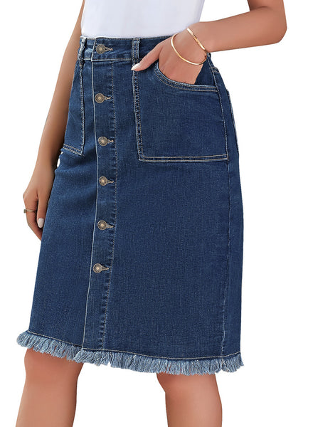Side view of model wearing deep blue frayed hem button-down midi denim skirt