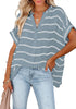 Model poses wearing light blue split V-neckline batwing sleeves striped loose top