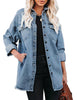 Front view of model wearing Blue Button Down Tunic Denim Shirt Jacket