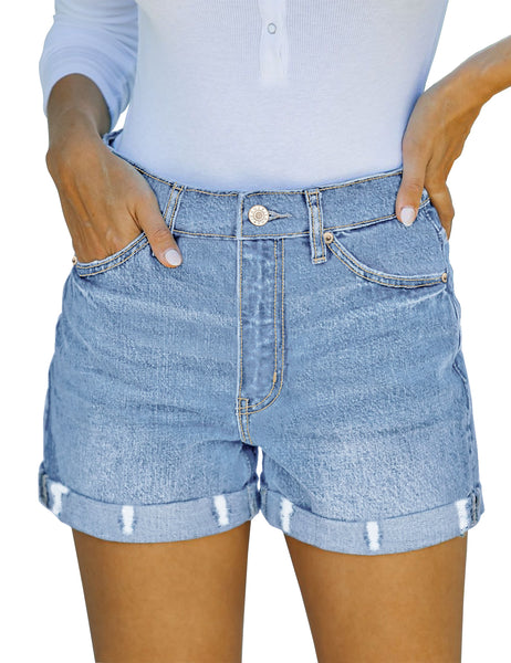 Light Blue Distressed Cuffed Hem Mid-Waist Denim Shorts | Lookbook Store