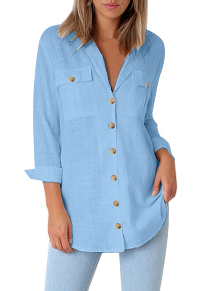 Front view of model wearing light blue long cuffed sleeves lapel button-up blouse
