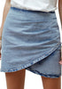 Front view of model wearing light blue acid wash tulip ruched denim mini skirt