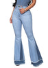 Front view of model wearing medium blue stretchy frayed hem flared denim jeans