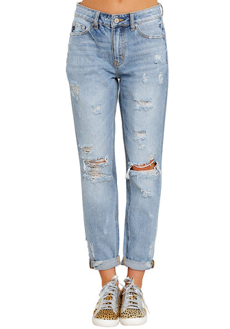 Light Blue Cuffed Hem Ripped Boyfriend Jeans