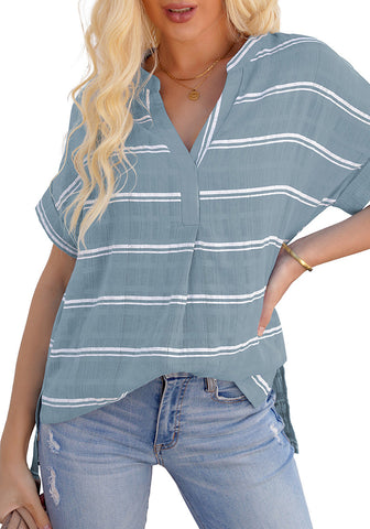 Light Blue Split V-Neckline Batwing Sleeves Striped Loose Top