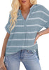 Front view of model wearing light blue split V-neckline batwing sleeves striped loose top