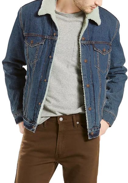 Model wearing Men's Blue Fleece Lapel Button Down Denim Jacket