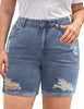 Front view of model wearing light blue high-waist cuffed hem distressed denim biker shorts