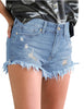 Side view of model wearing light blue fringed hem distressed denim shorts