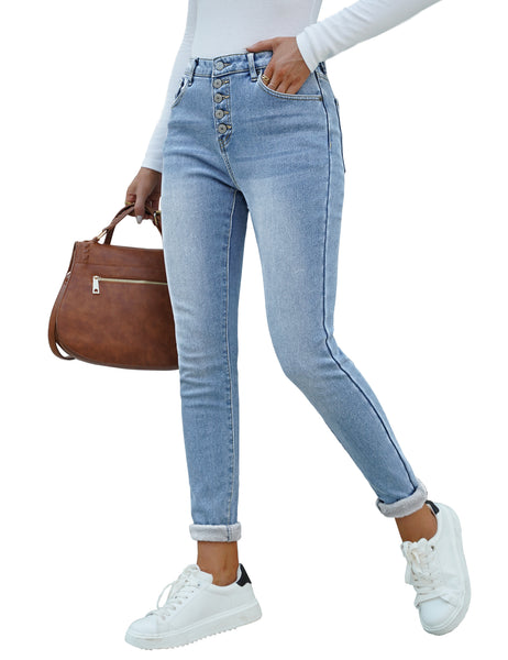 Side view of model wearing light blue fleece-lined button-down denim skinny jeans