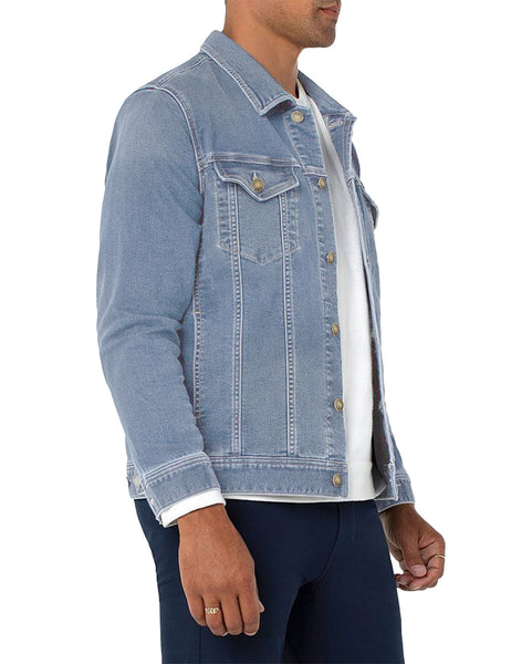 Side view of model wearing light blue men's basic button down denim jacket