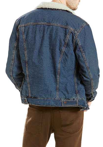 Back view of model wearing Men's Blue Fleece Lapel Button Down Denim Jacket