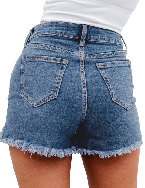 Back view of model wearing blue high-waist frayed raw hem ripped denim shorts