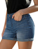Side view of model wearing blue rolled hem slim fit denim shorts