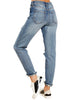 Back view of model wearing women's light blue distressed button-up boyfriend jeans