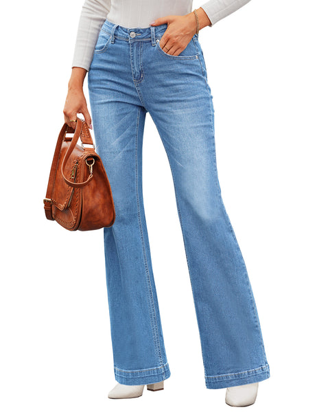 Model poses wearing light blue mid-waist stretchable straight leg denim jeans