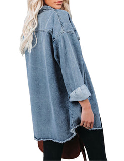 Dark Blue Button Down Tunic Denim Shirt Jacket – Lookbook Store