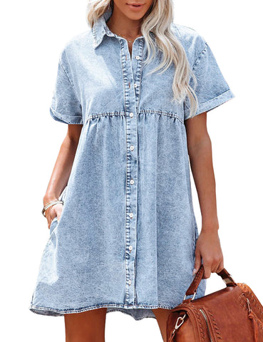 Roadknight Blue Women's Short Sleeve Button Down Flowy Tiered Babydoll Denim Dress