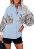 Model wearing Light Blue Leopard Detail Oversized Button Down Shirt