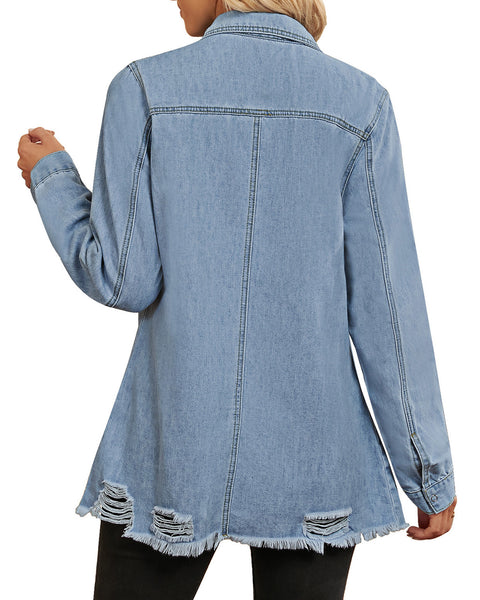 Back view of model wearing light blue frayed hem distressed button-down denim jacket