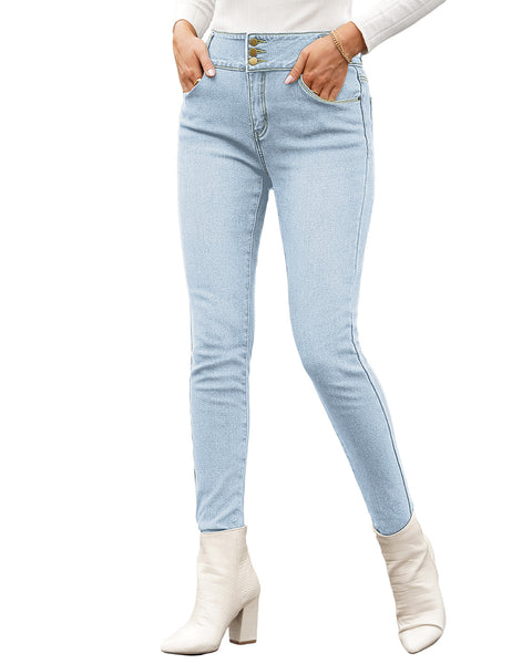 Side view of model wearing light blue triple button fleece-lined skinny denim jeans