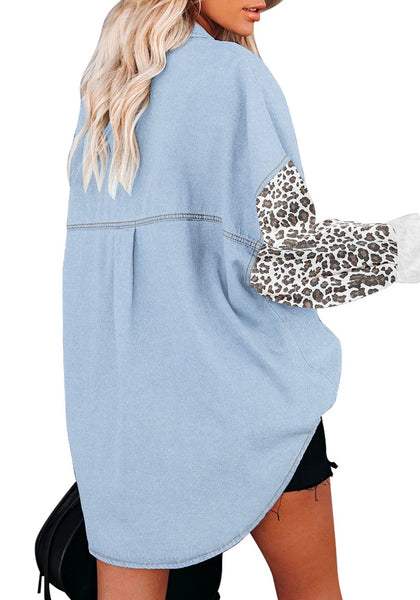 Back view of model wearing Light Blue Leopard Detail Oversized Button Down Shirt