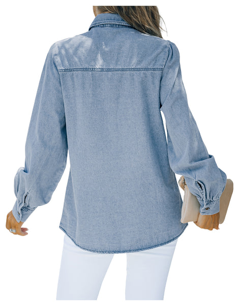 Back view of model wearing light blue puff sleeves button-down top