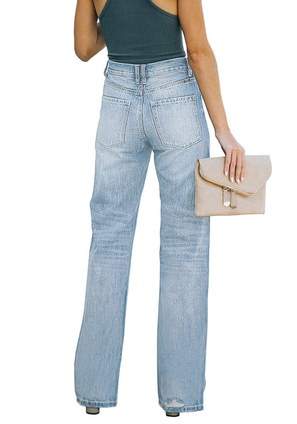 Back view of model wearing Light Blue Ripped Knee Wide-Leg Straight Jeans