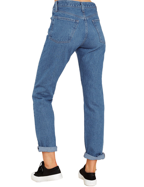 Back view of model wearing Blue Rolled Hem Distressed Casual Denim Boyfriend Jeans 