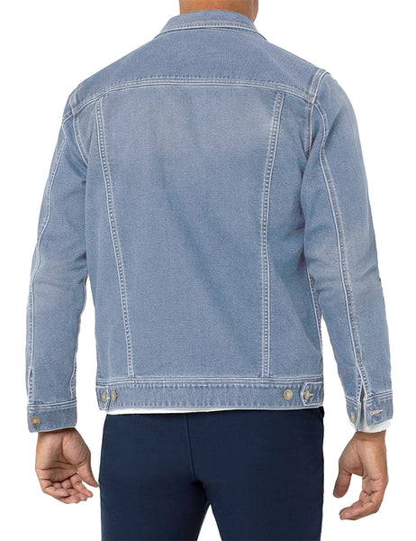 Back view of model wearing light blue men's basic button down denim jacket