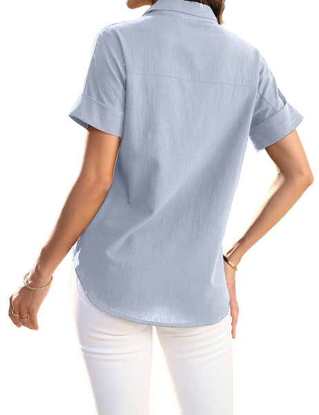 Back view of model wearing light blue short cuffed sleeves pockets button-up top