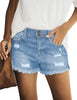 Front view of model wearig light blue double button frayed hem ripped denim shorts