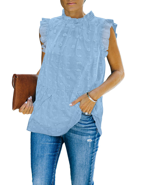 Posing model wearing light blue ruffle mock neck sleeveless swiss tunic top