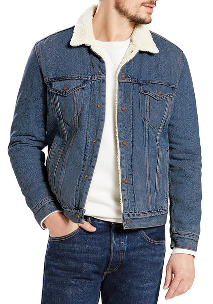 Front view of model wearing Men's Blue Fleece Lapel Button Down Denim Jacket