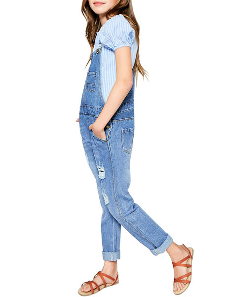 Side view of model wearing light blue cuffed hem distressed girls' denim jeans overall