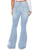Back view of model wearing light blue mid-waist ripped heart flared denim jeans