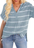 Model wearing light blue split V-neckline batwing sleeves striped loose top