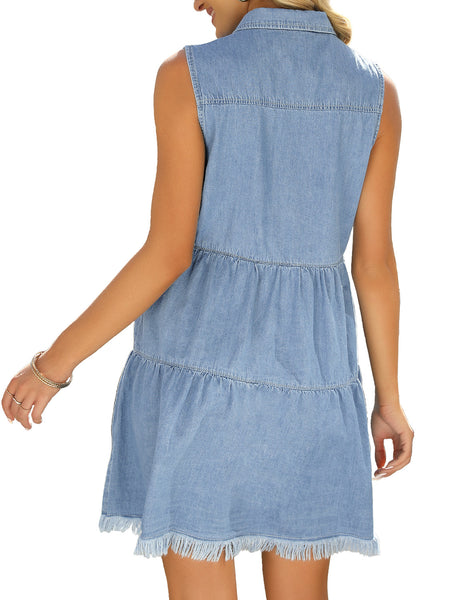 Back view of model wearing light blue button down collar sleeveless tiered denim dress