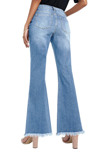 Back view of model wearing Blue Ripped Mid-Waist Flared Denim Jeans