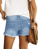 Back view of model wearing light blue double button frayed hem ripped denim shorts