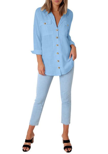 Front full body shot of model wearing light blue long cuffed sleeves lapel button-up blouse