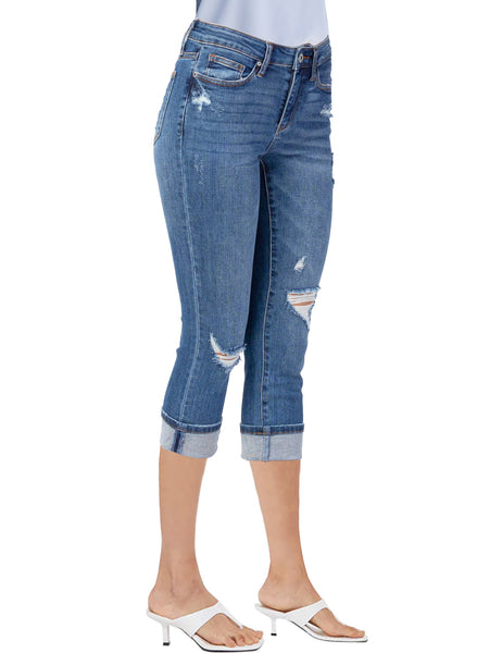 Blue Mid-Waist Ripped Skinny Cropped Denim Jeans