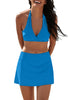 Blue Mid-Waist Stretchy Ruched A-Line Swim Skirt